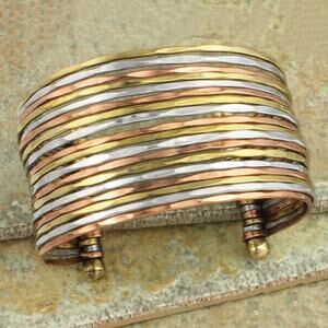 Mixed Metal Hammered Bunch Wide Cuff Bracelet